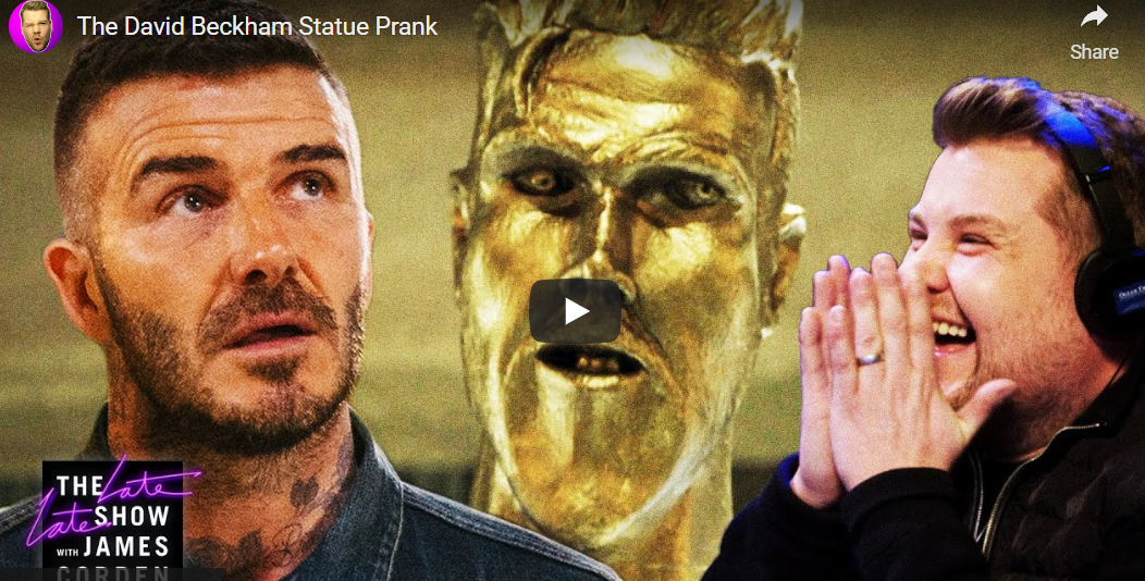 James Corden Pranks David Beckham with a Horrible Looking Statue